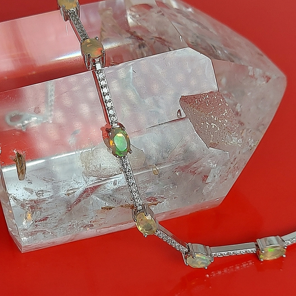 Natural Fire Opal Rainbow 6x4mm & Cz‎ 925 Sterling Silver Bracelet 7"